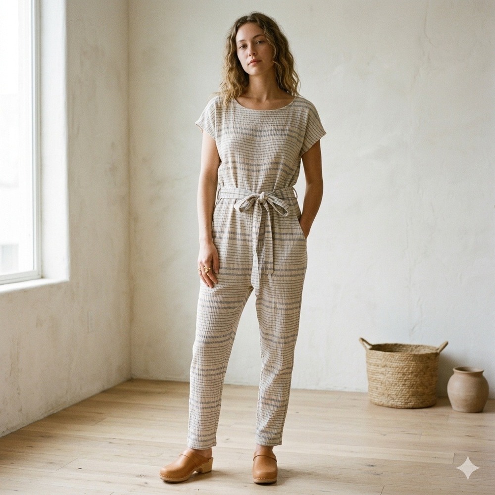 Rachel Comey Jumpsuit Womens 8 Blue Striped Linen Blend Tie Waist Coastal FLAWS